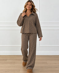 Drop Shoulder Striped Collared Long Sleeve Set
