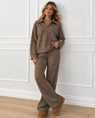 Drop Shoulder Striped Collared Long Sleeve Set