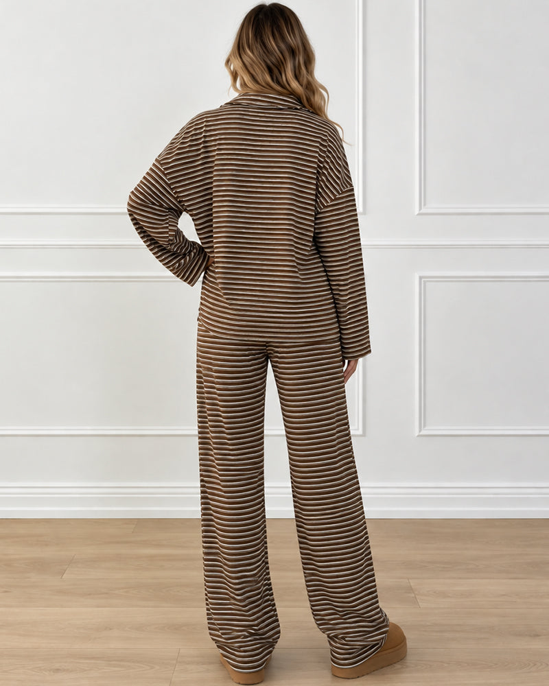 Drop Shoulder Striped Collared Long Sleeve Set