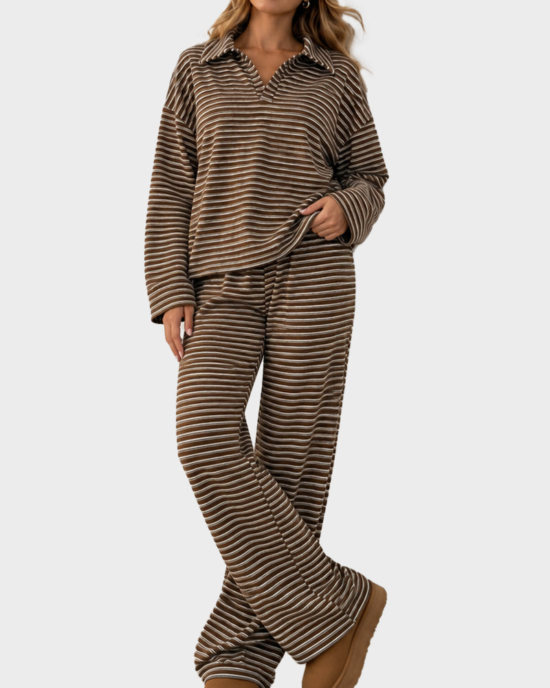 Drop Shoulder Striped Collared Long Sleeve Set