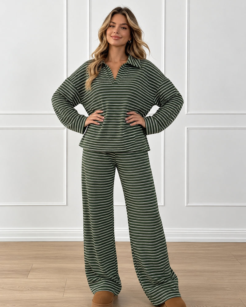Drop Shoulder Striped Collared Long Sleeve Set