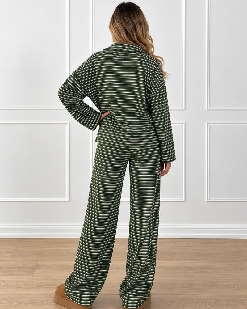 Drop Shoulder Striped Collared Long Sleeve Set