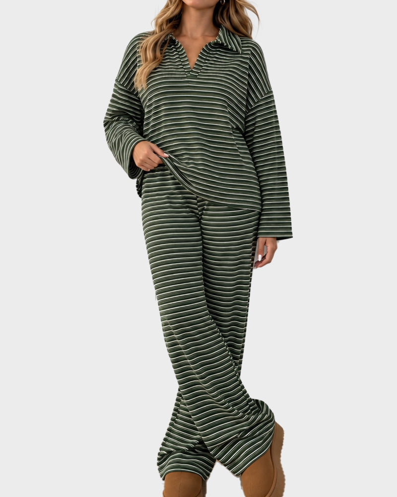 Drop Shoulder Striped Collared Long Sleeve Set
