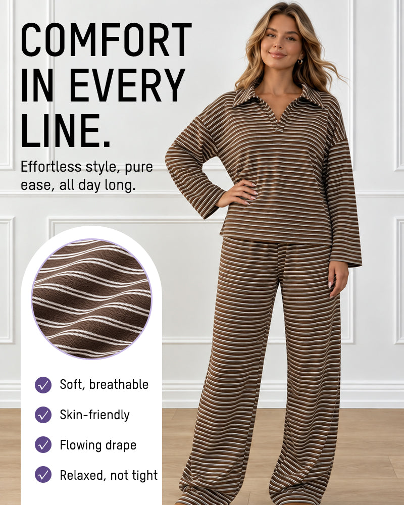 Drop Shoulder Striped Collared Long Sleeve Set
