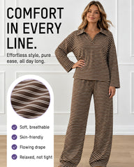 Drop Shoulder Striped Collared Long Sleeve Set