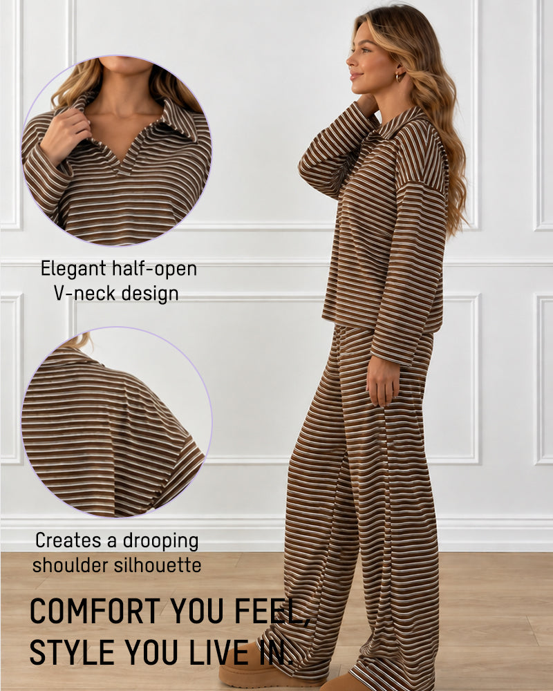 Drop Shoulder Striped Collared Long Sleeve Set