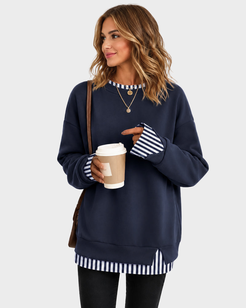 Faux-Layer Rib-Trim Oversized Crewneck Sweatshirt