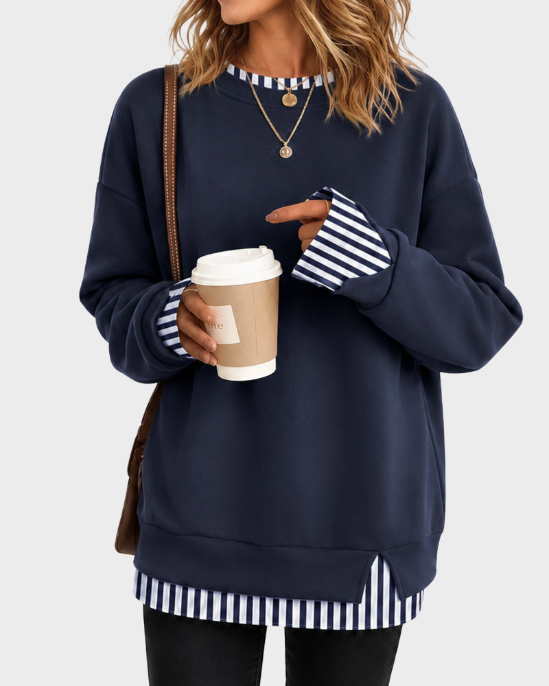 Faux-Layer Rib-Trim Oversized Crewneck Sweatshirt