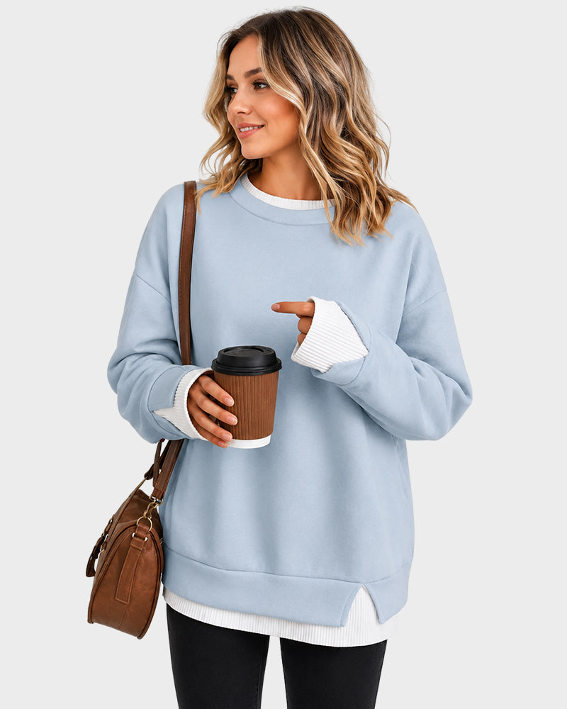 Faux-Layer Rib-Trim Oversized Crewneck Sweatshirt