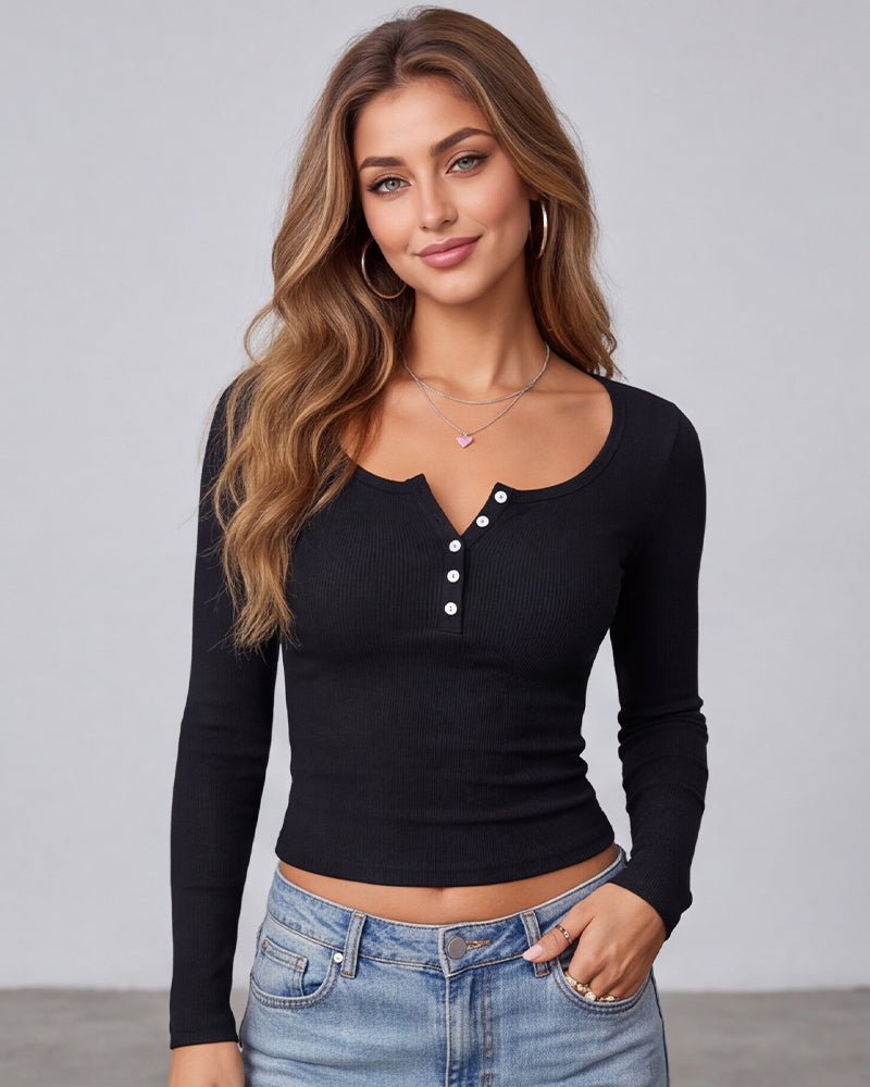 Fitted Ribbed Knit Long-Sleeve Henley Top