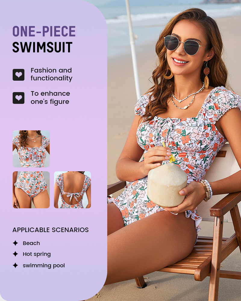 Floral Ruffle Square-Neck One-Piece Swimsuit
