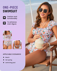 Floral Ruffle Square-Neck One-Piece Swimsuit