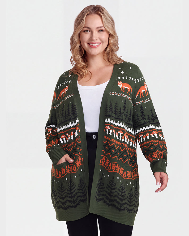 Fox Fair Isle Open-Front Knit Cardigan