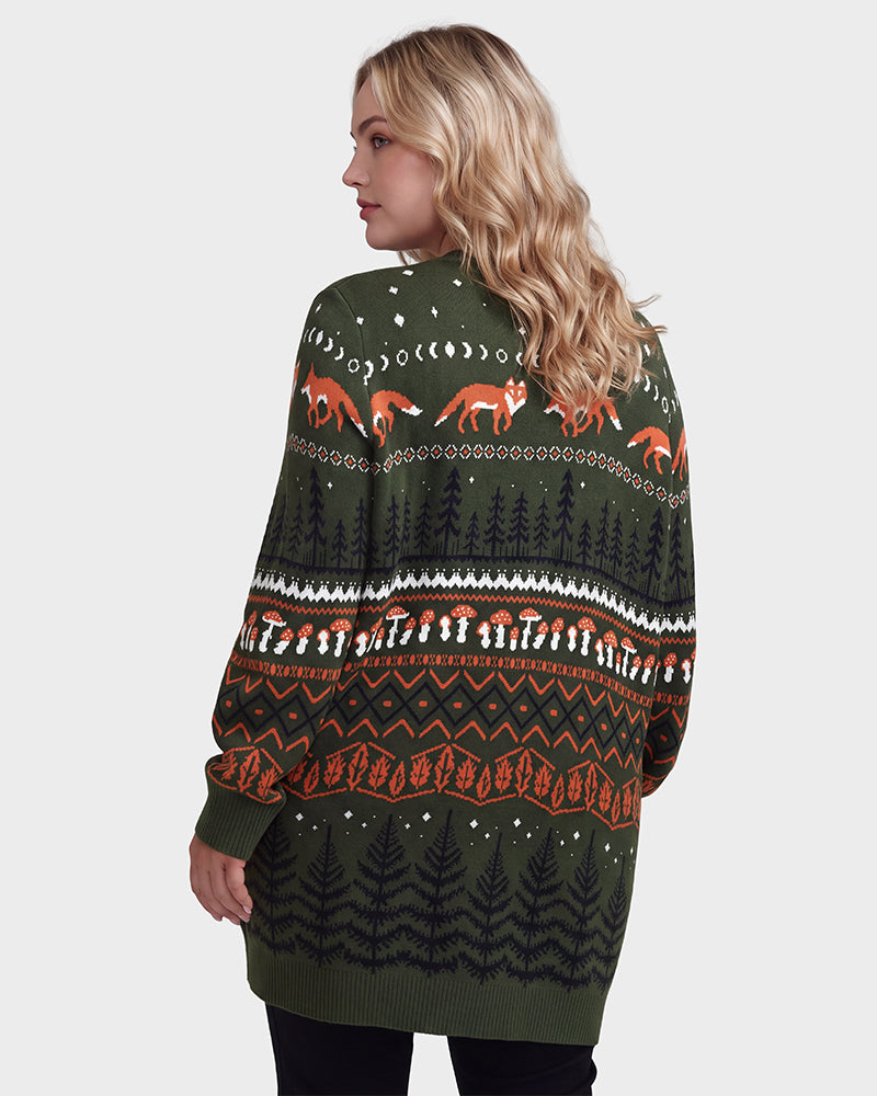 Fox Fair Isle Open-Front Knit Cardigan