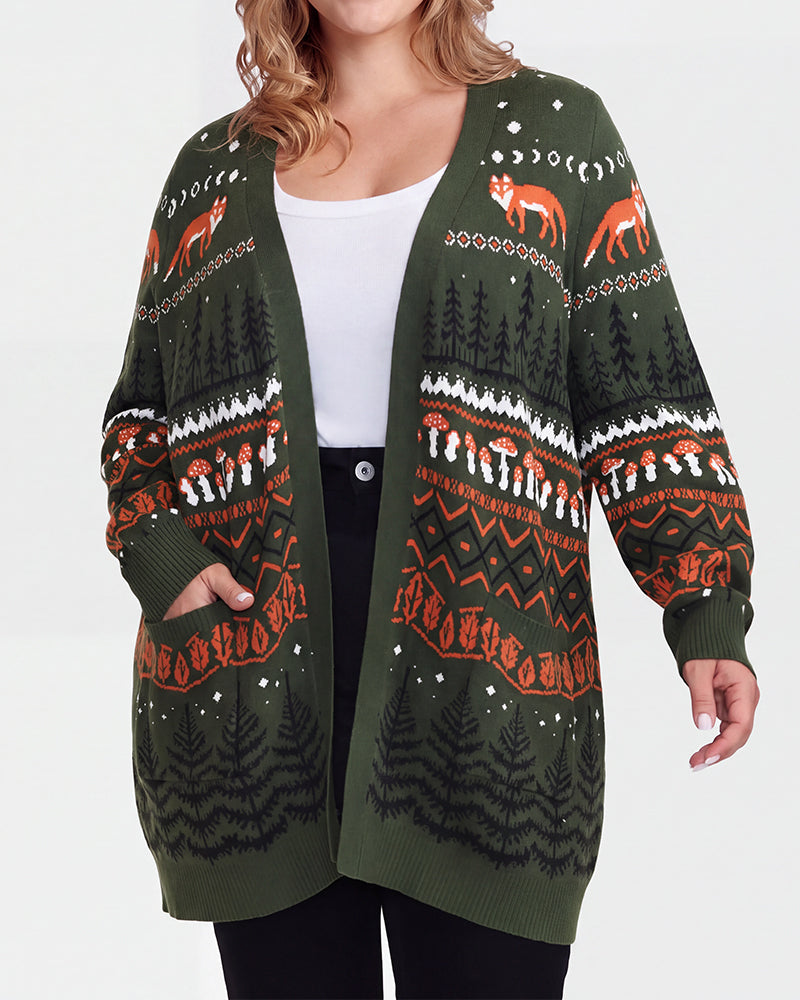 Fox Fair Isle Open-Front Knit Cardigan