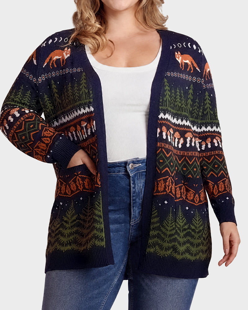 Fox Fair Isle Open-Front Knit Cardigan