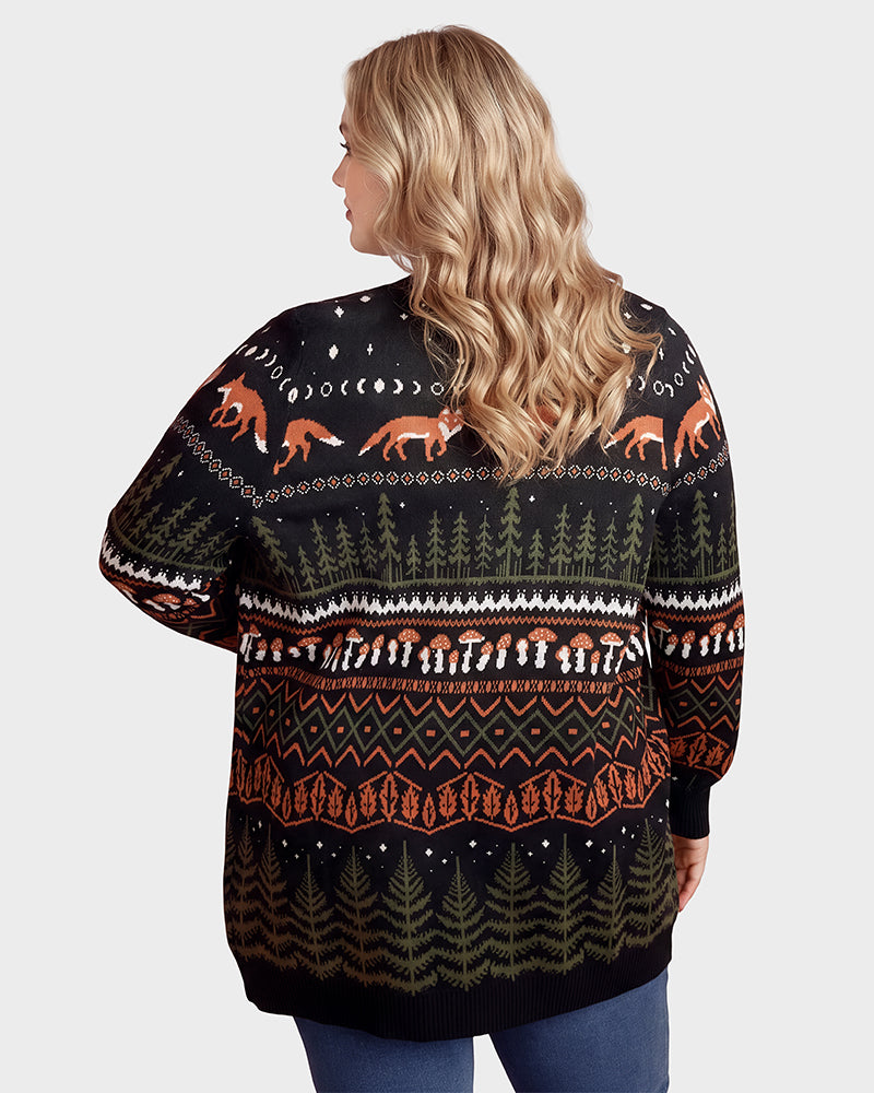 Fox Fair Isle Open-Front Knit Cardigan