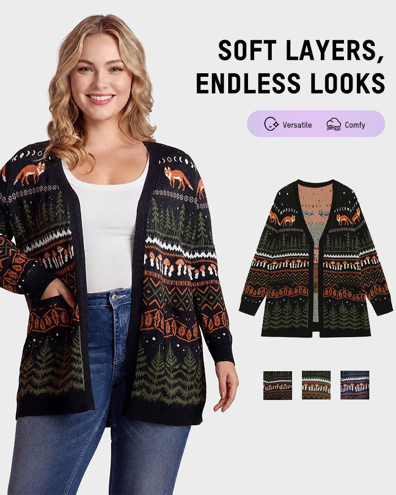 Fox Fair Isle Open-Front Knit Cardigan