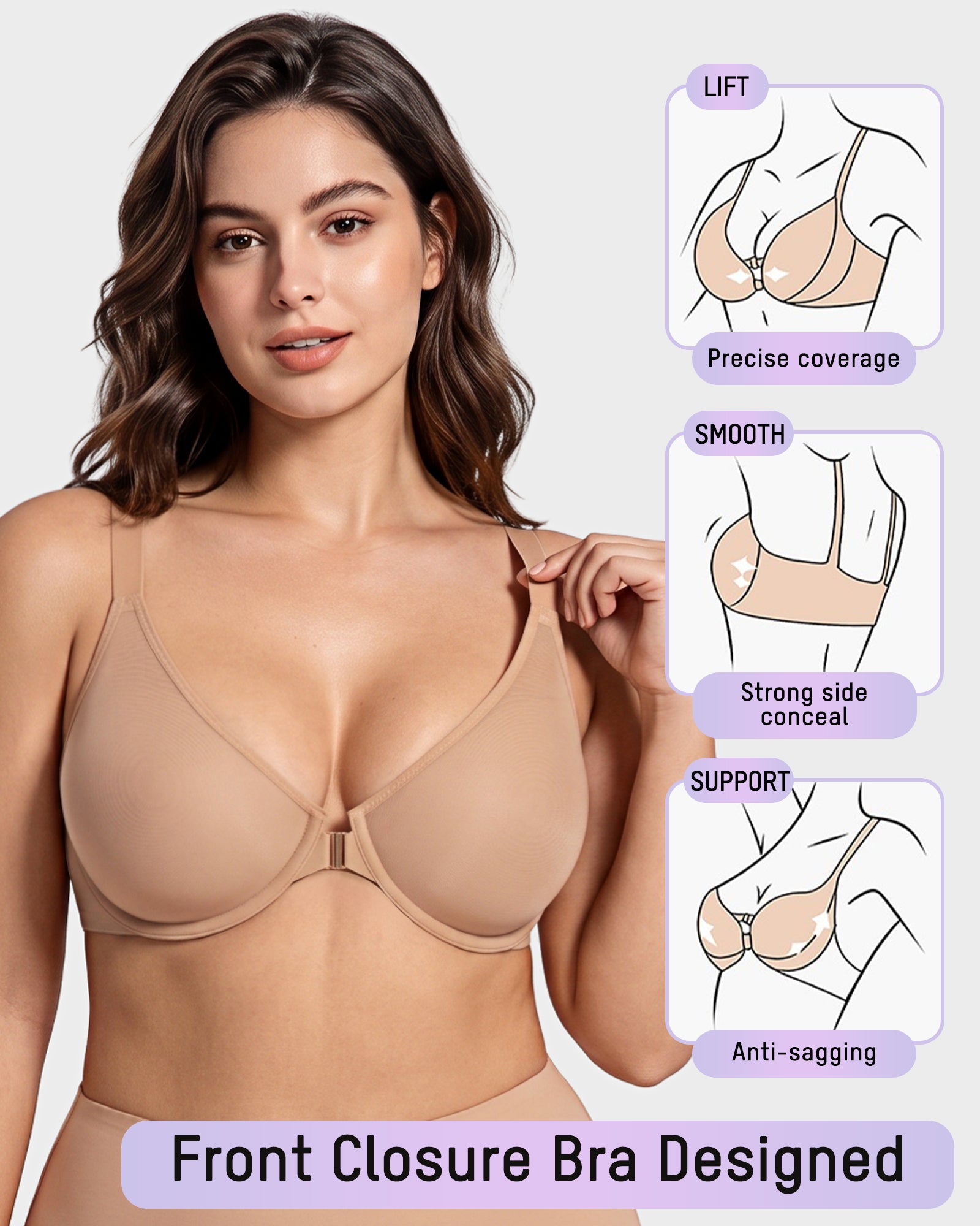 Front Closure Mesh Support Seamless Bra