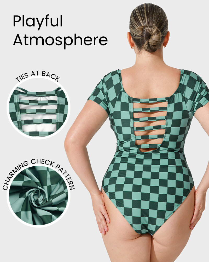 Green Check Short Sleeve Modest One-Piece Swimsuit
