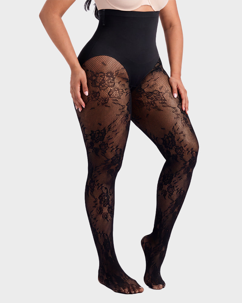 High-Waisted Floral Lace Shaping Tights