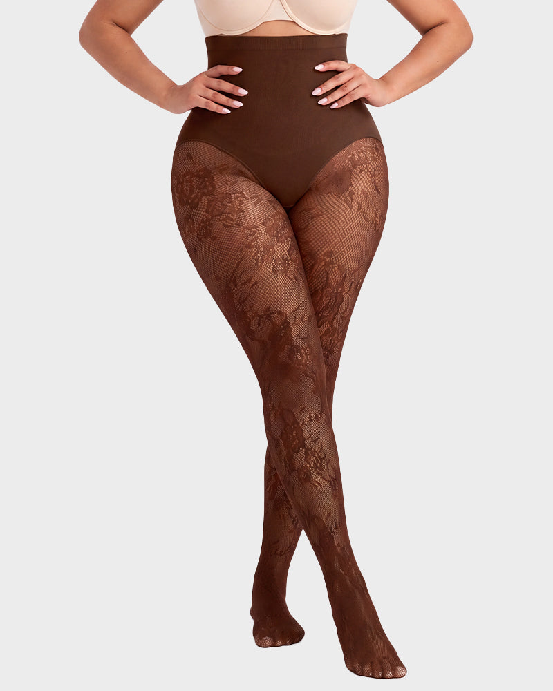High-Waisted Floral Lace Shaping Tights