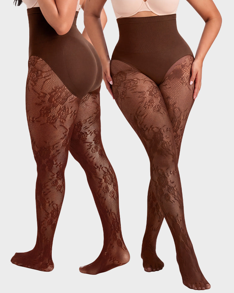 High-Waisted Floral Lace Shaping Tights