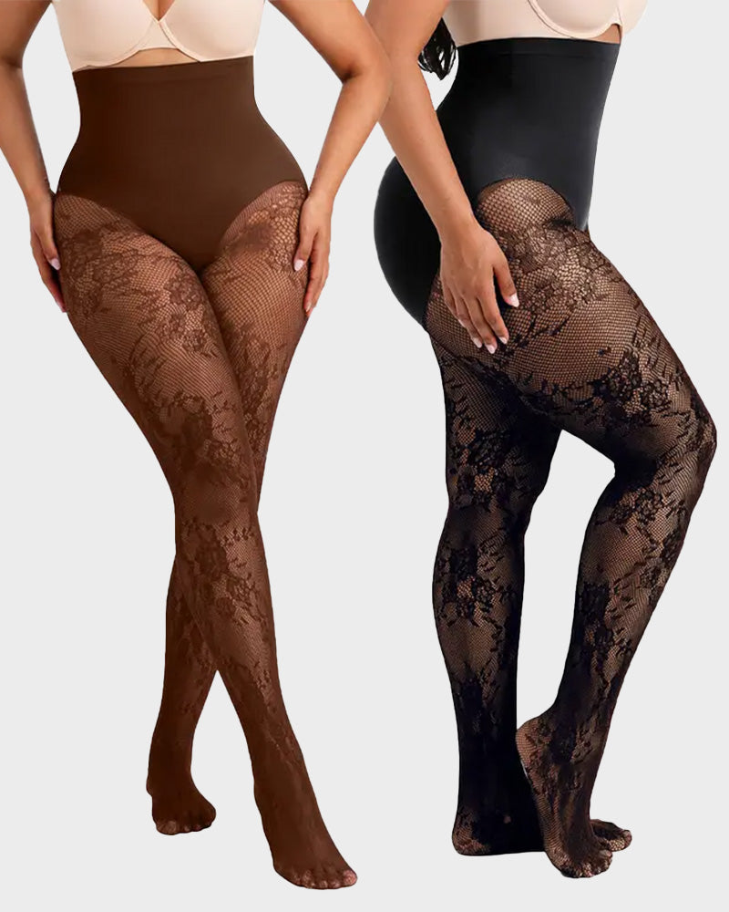 High-Waisted Floral Lace Fleece-Lined Sheer Tights