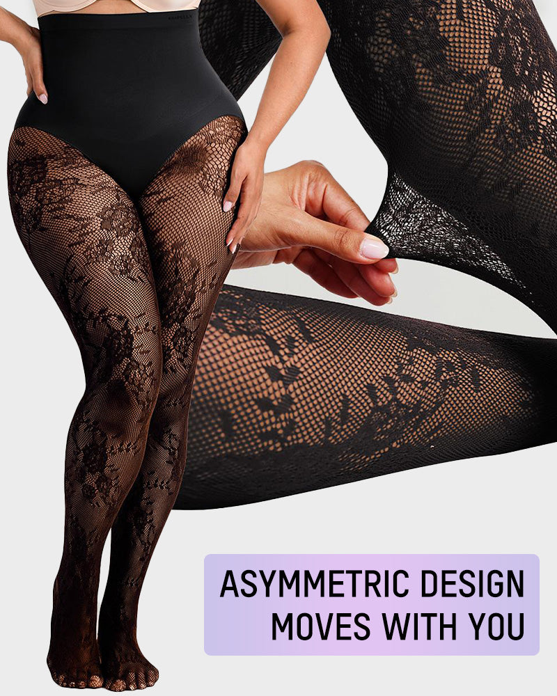 High-Waisted Floral Lace Fleece-Lined Sheer Tights