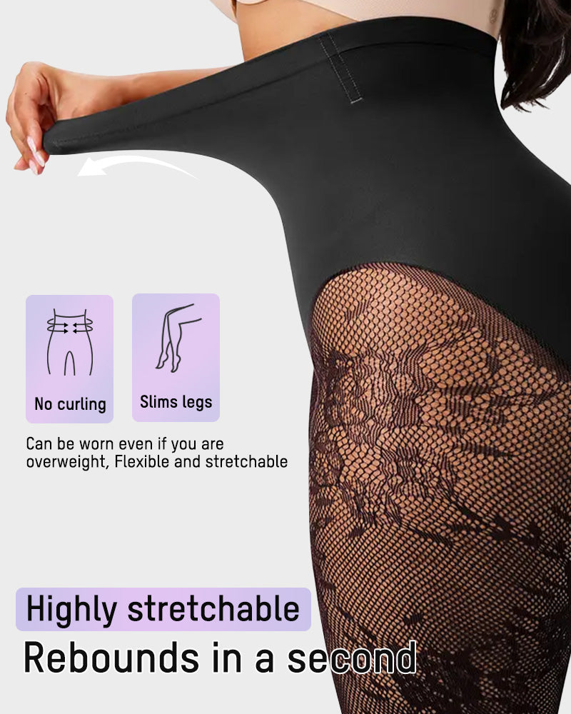 High-Waisted Floral Lace Fleece-Lined Sheer Tights