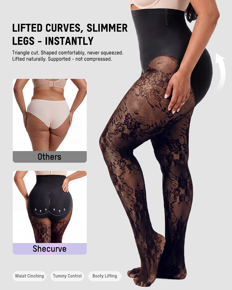 High-Waisted Floral Lace Fleece-Lined Sheer Tights