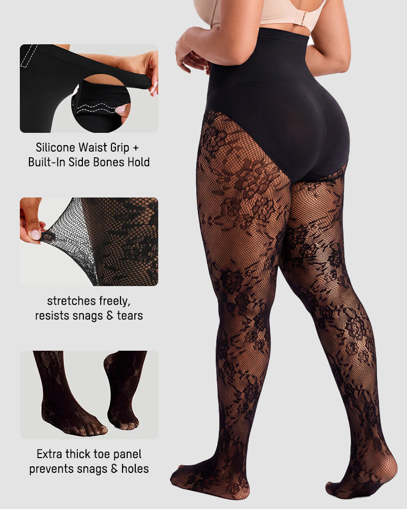 High-Waisted Floral Lace Fleece-Lined Sheer Tights