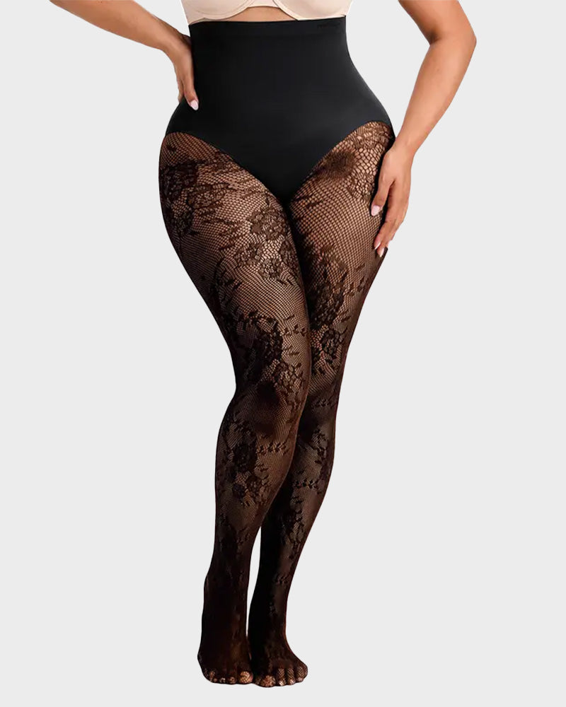 High-Waisted Floral Lace Fleece-Lined Sheer Tights