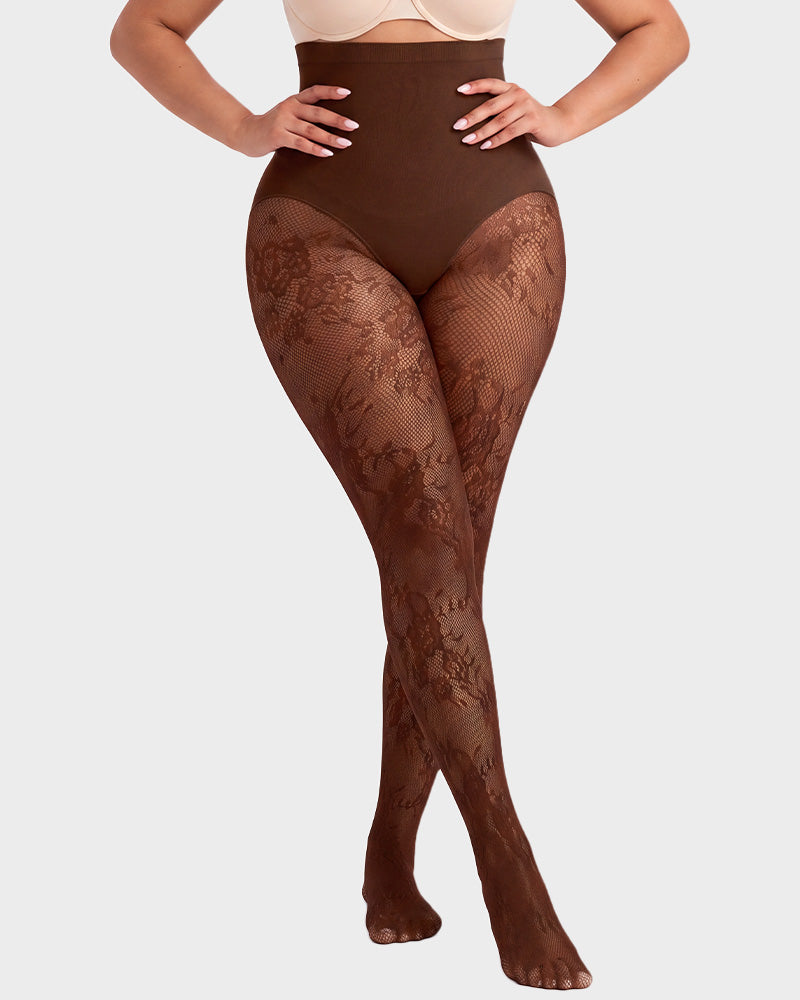 High-Waisted Floral Lace Fleece-Lined Sheer Tights