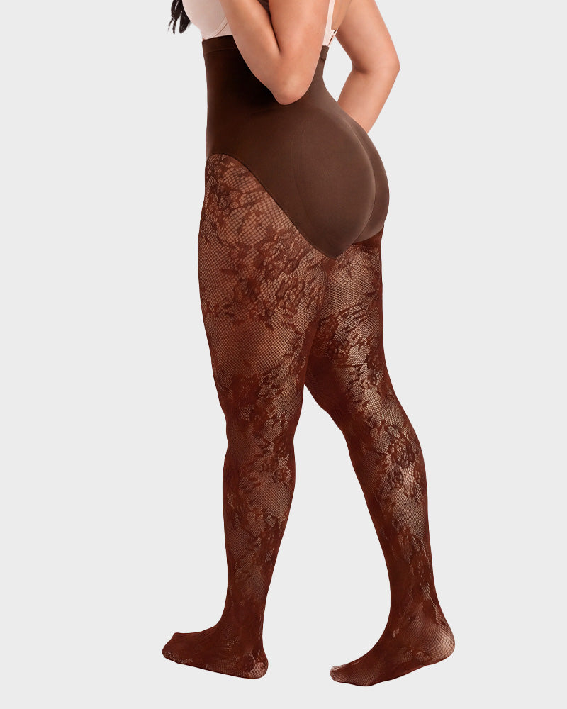 High-Waisted Floral Lace Fleece-Lined Sheer Tights