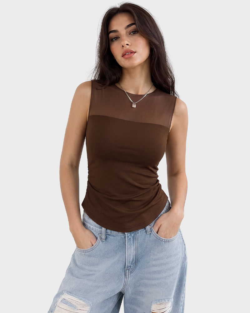 Illusion-Mesh Ruched Top with Built-In Cups