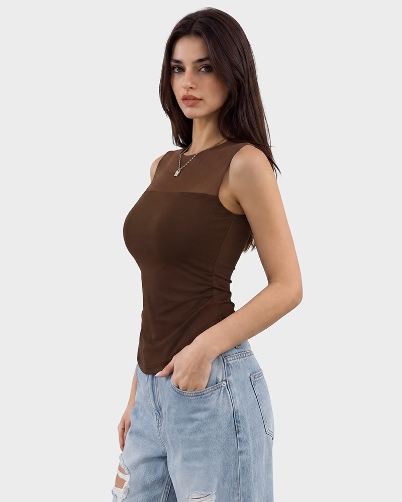 Illusion-Mesh Ruched Top with Built-In Cups