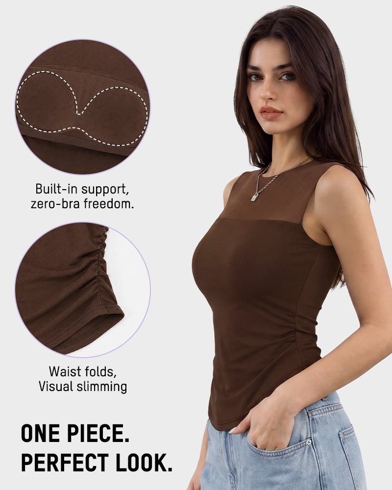 Illusion-Mesh Ruched Top with Built-In Cups