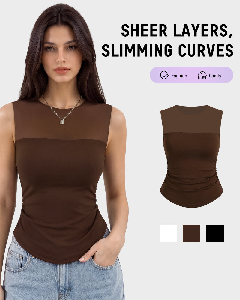 Illusion-Mesh Ruched Top with Built-In Cups