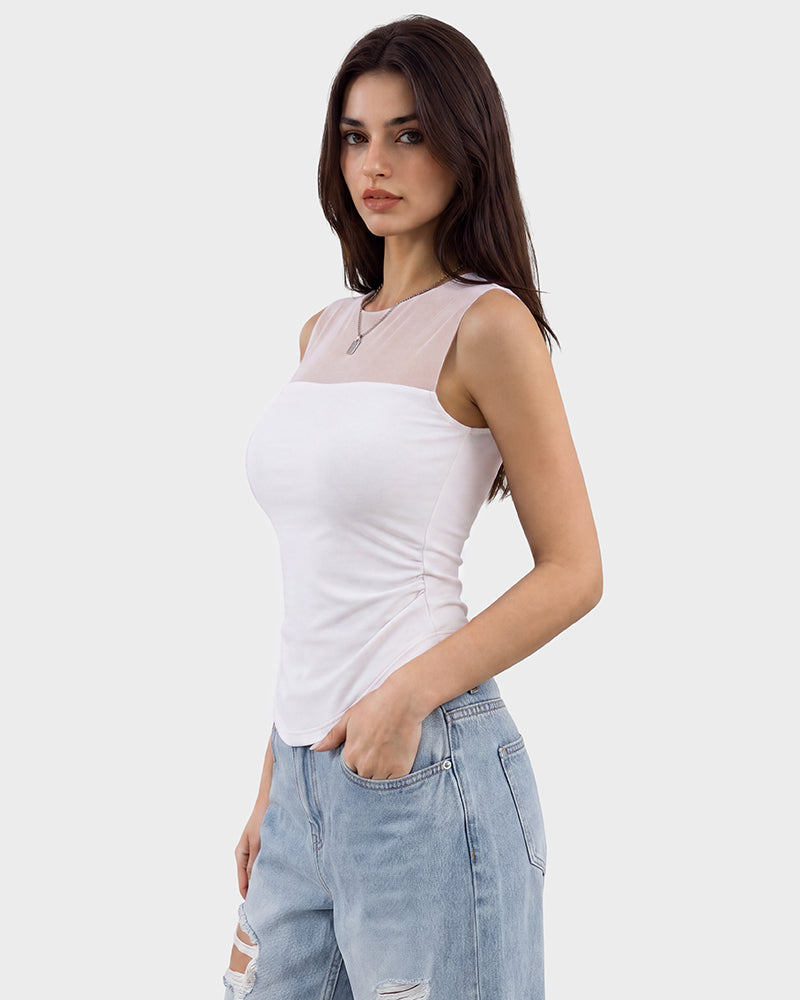 Illusion-Mesh Ruched Top with Built-In Cups