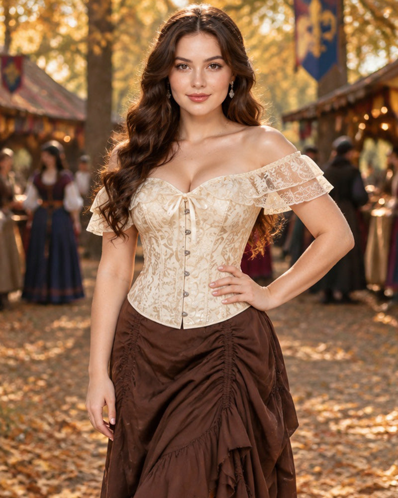 Lace Off-Shoulder Jacquard Front-Hook Corset