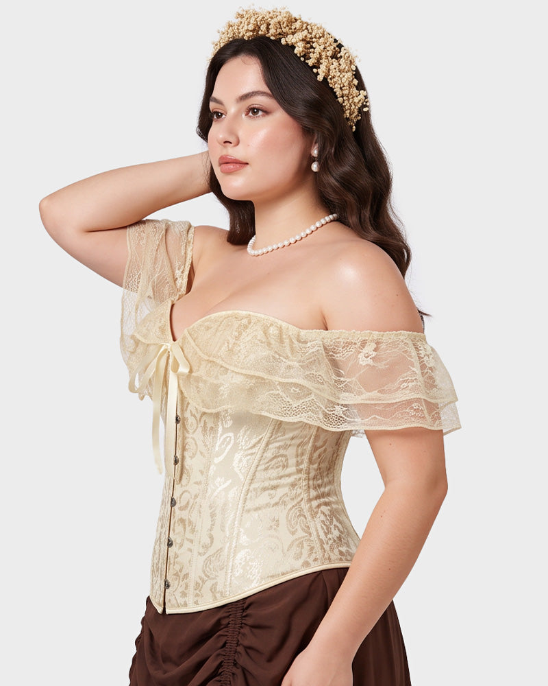 Lace Off-Shoulder Jacquard Front-Hook Corset