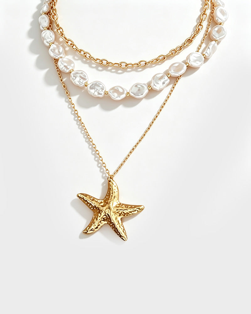 Layered Pearl & Starfish Statement Necklace