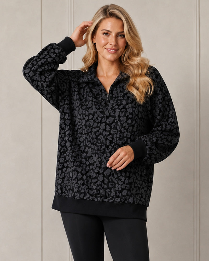 Leopard-Print Half-Zip Oversized Pullover