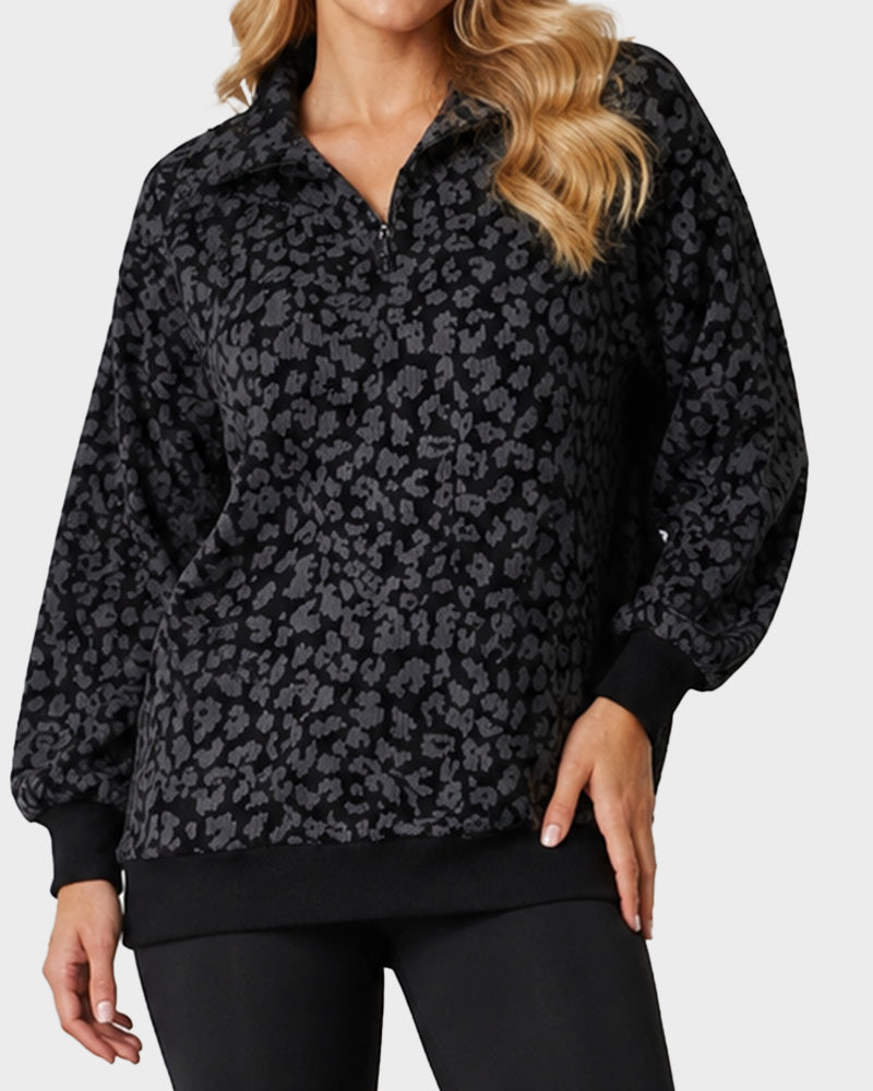 Leopard-Print Half-Zip Oversized Pullover