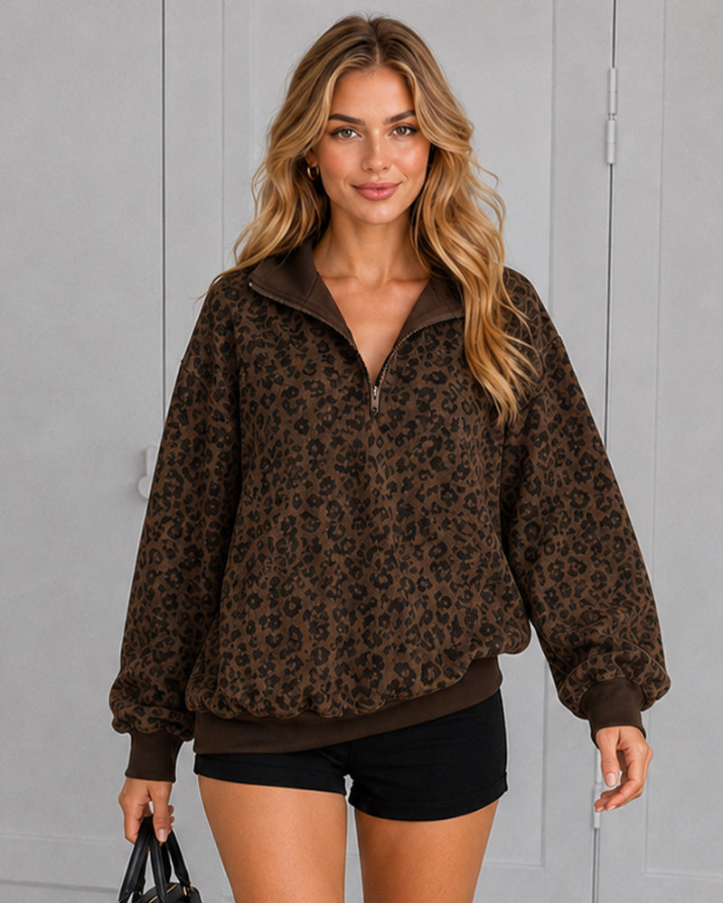 Leopard-Print Half-Zip Oversized Pullover