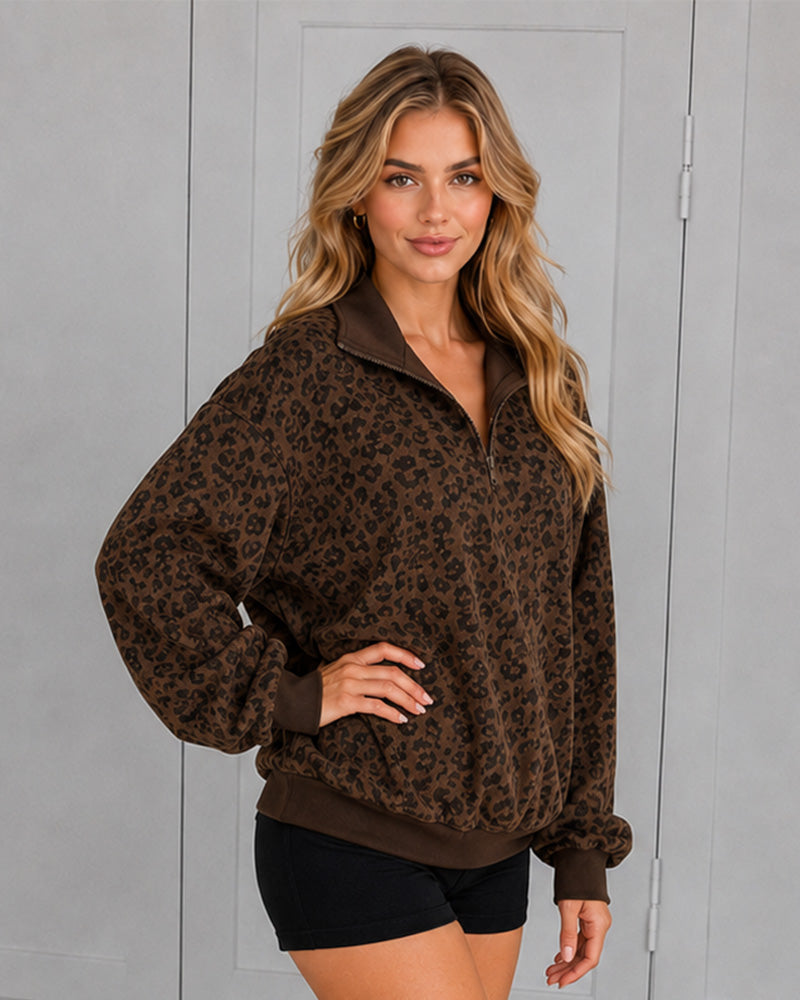 Leopard-Print Half-Zip Oversized Pullover