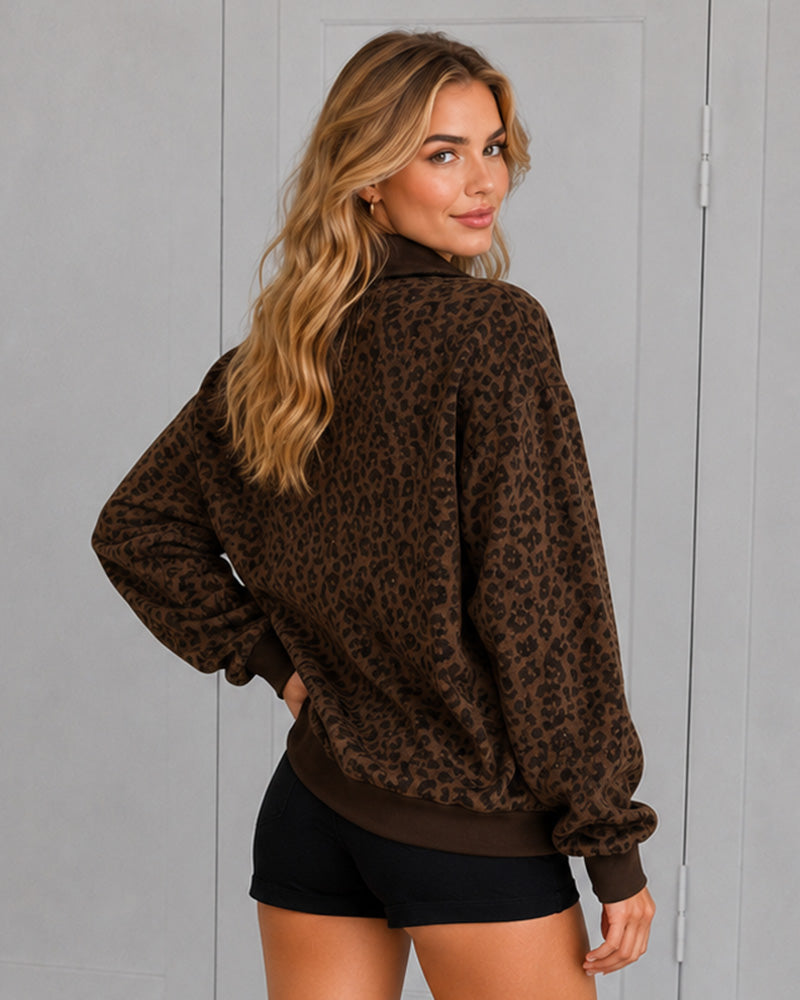 Leopard-Print Half-Zip Oversized Pullover