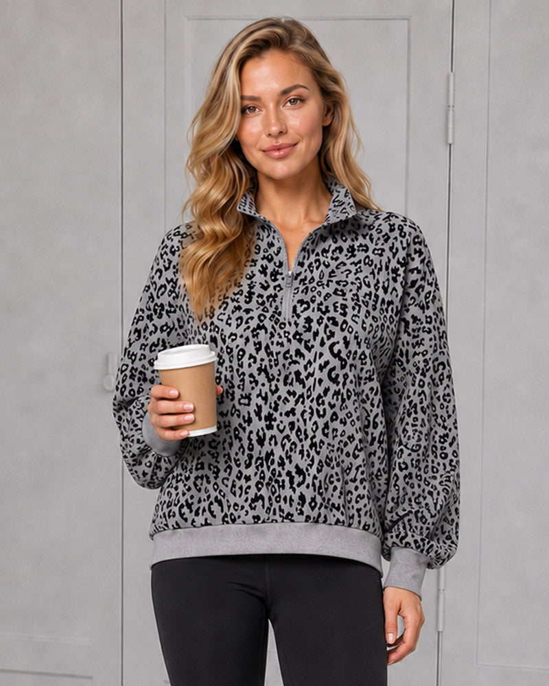 Leopard-Print Half-Zip Oversized Pullover