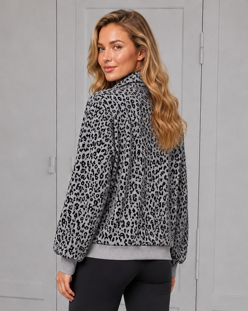 Leopard-Print Half-Zip Oversized Pullover